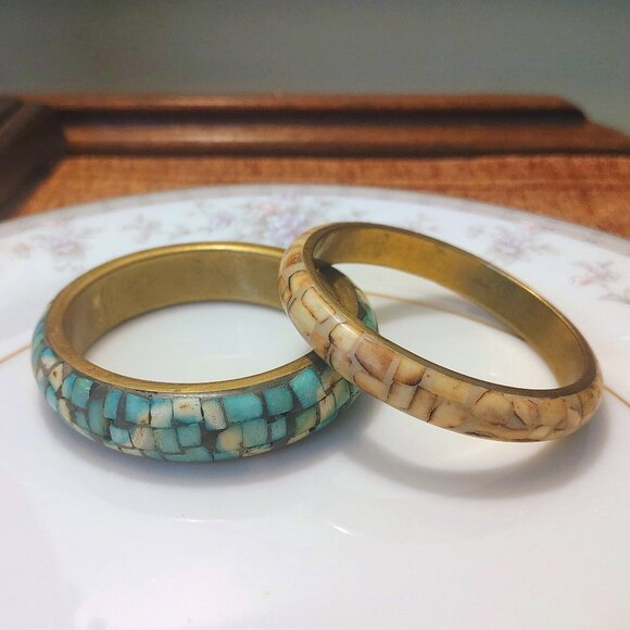 Vtg 70s Set of 2 BRASS MOSAIC Stone Chunky BANGLEs BRACELET Hippie BOHO Artisan - Picture 7 of 7